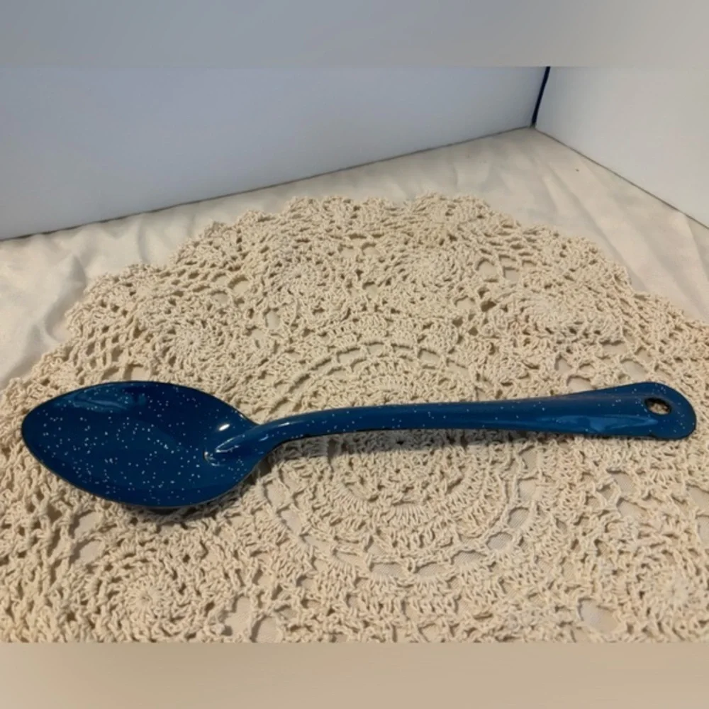 Vintage Blue Speckled With White Granitware Enamelware Large Spoon